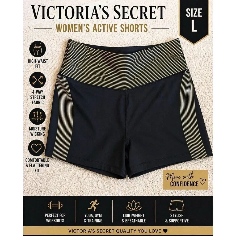 Victoria’s Secret Women’s Active Shorts Size L Black Gold High Waist Gym